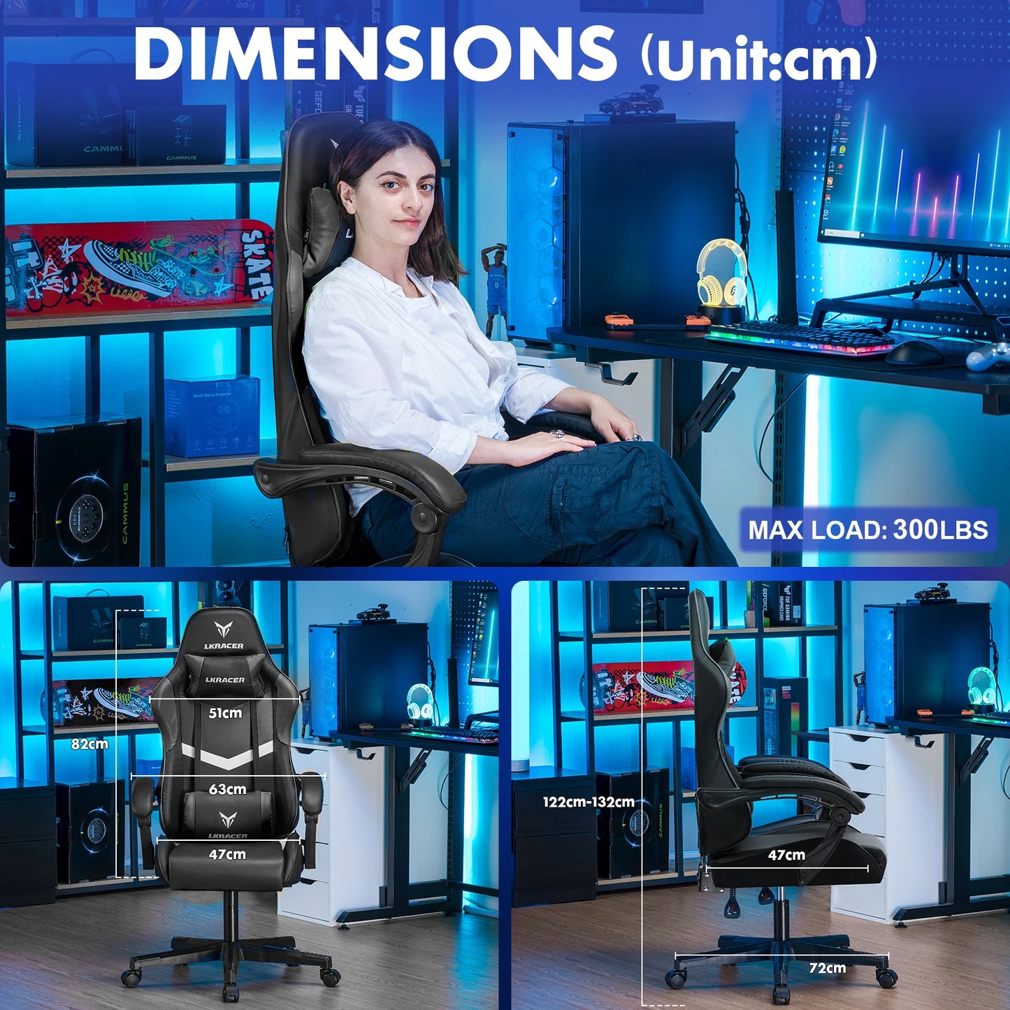 LUCKRACER Gaming Chair, Massage Ergonomic Computer Chair with Lumbar Support High Back Height Adjustable Gaming Chair