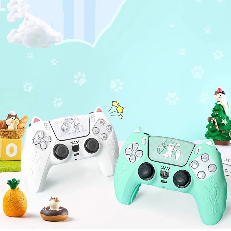 PS5 Controller Case Set Silicone Cute Cat Thumb Grip Caps + PS5 Controller Shell Cover + Stiker For SONY Playstation 5