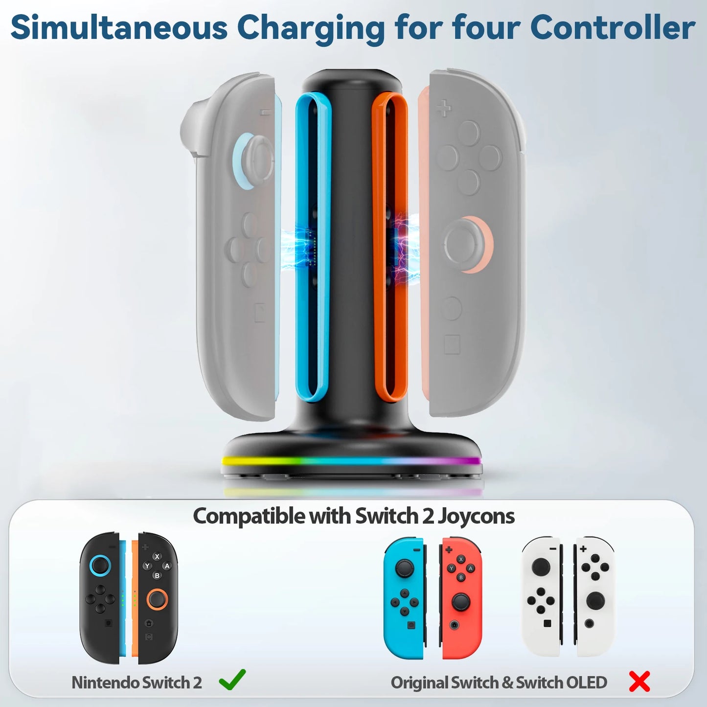 Switch 2 Controller Charger for Joy-pad 2 Charging Dock with 9 Light Modes for Switch 2 Charger Station for N-S 2 with USB Cable