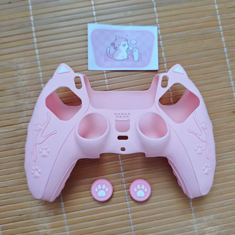PS5 Controller Case Set Silicone Cute Cat Thumb Grip Caps + PS5 Controller Shell Cover + Stiker For SONY Playstation 5