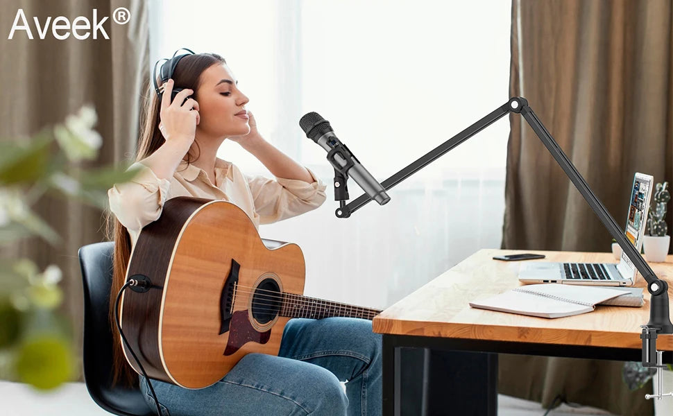 Boom Arm Mic Stand, Aveek Adjustable Desktop Metal Microphone Arm for HyperX QuadCast/Blue Yeti,Rotatable Scissor Microphone Arm