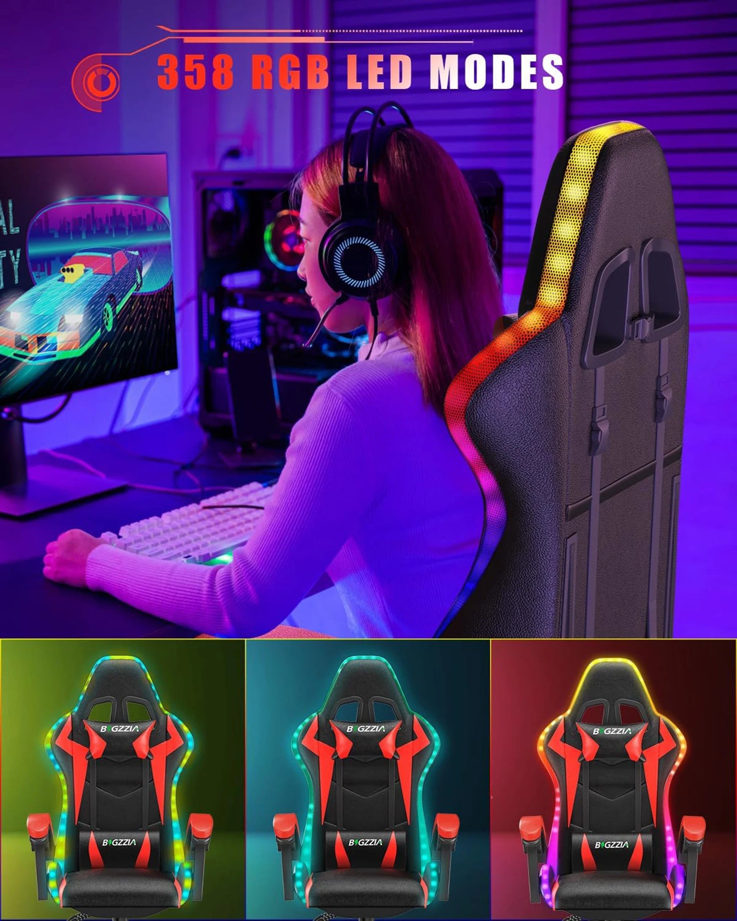 Gaming Chair with LED Gaming Chair Gamer Chairs RGB Light Lighting Computer Chair Height Adjustable Ergonomic Office Chair