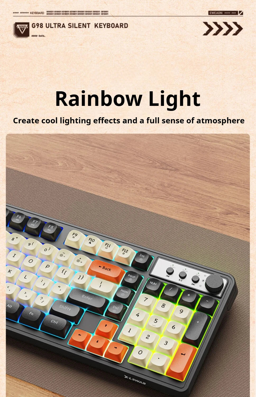 EWEADN Pro Gaming Keyboard Wired, 98-Key Silent Rainbow RGB Backlit, Ergonomic Compact Keyboard for eSports, Office, PC Gamers