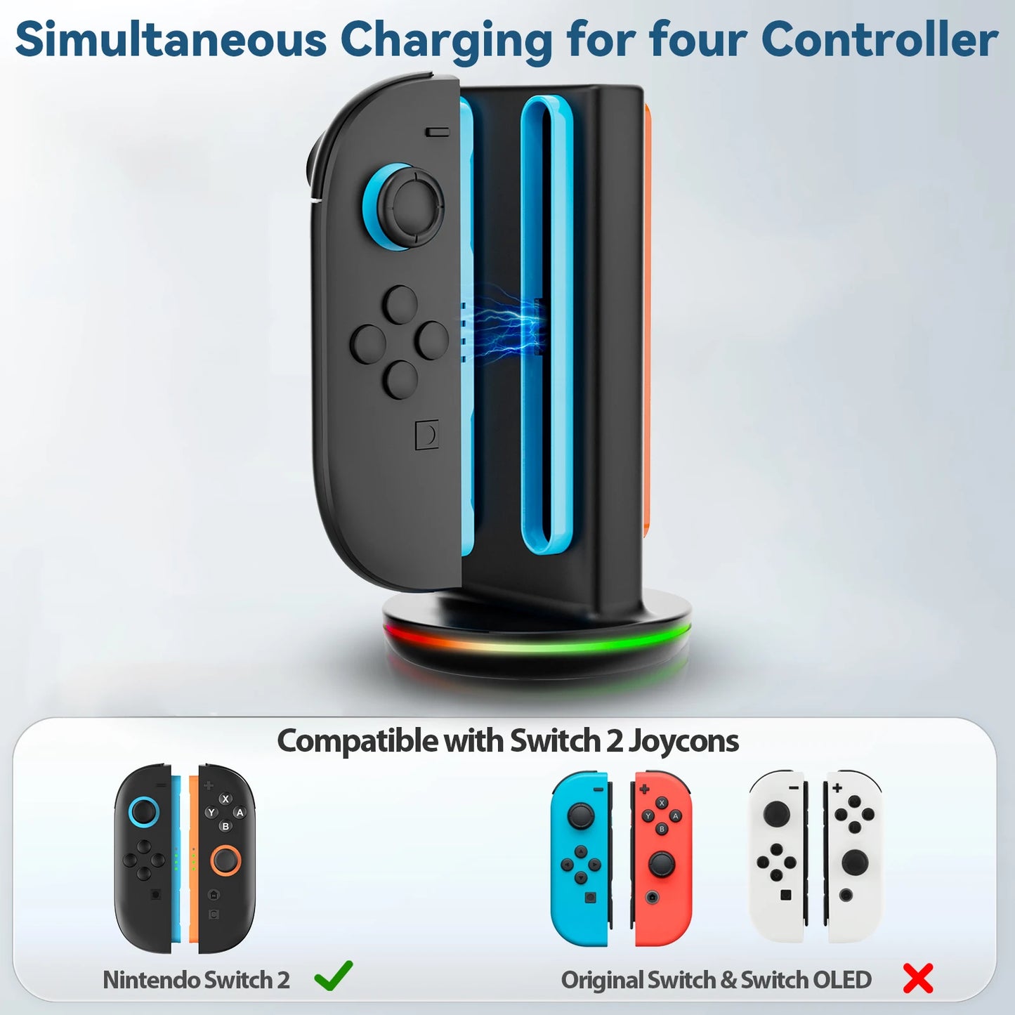 Switch 2 Controller Charger for Joy-pad 2 Charging Dock with 9 Light Modes for Switch 2 Charger Station for N-S 2 with USB Cable