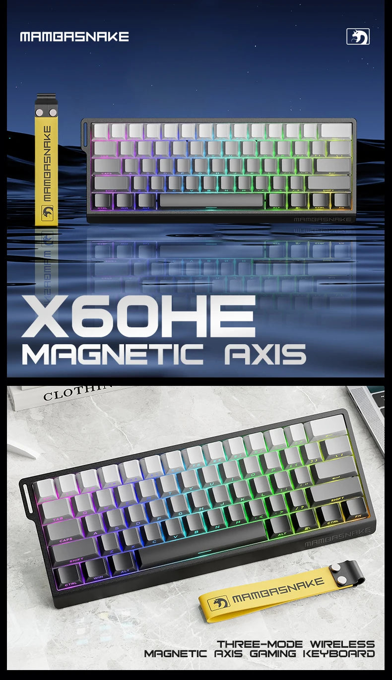 MAMBASNAKE X60HE Rapid Trigger Wireless Gaming Keyboard, 0.01mm RT Accuracy, 8000hz, Magnetic Switch, RGB, Snap Tap, DKS, TGL