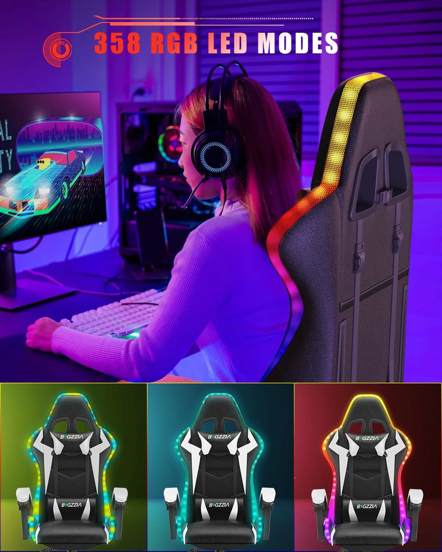 Gaming Chair with LED Gaming Chair Gamer Chairs RGB Light Lighting Computer Chair Height Adjustable Ergonomic Office Chair
