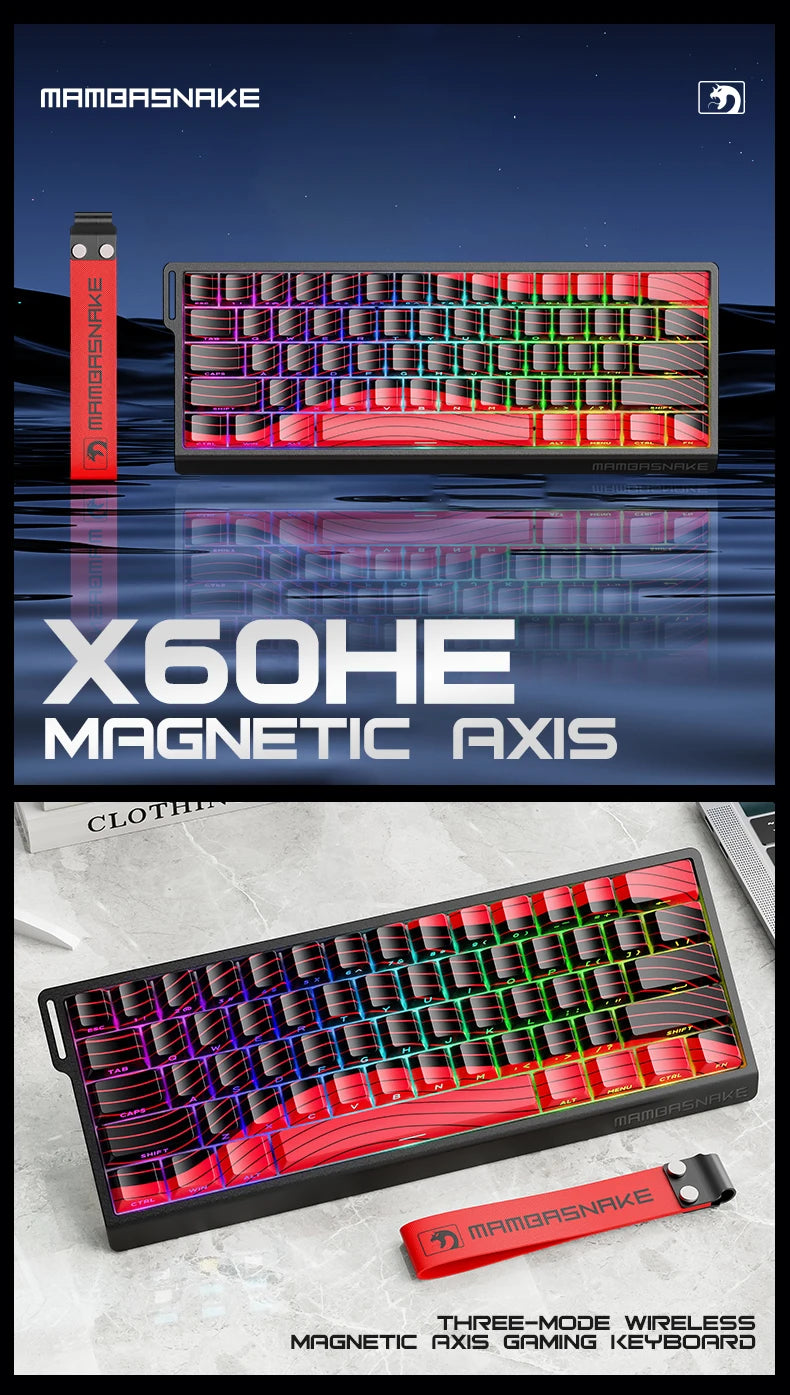 MAMBASNAKE X60HE Rapid Trigger Wireless Gaming Keyboard, 0.01mm RT Accuracy, 8000hz, Magnetic Switch, RGB, Snap Tap, DKS, TGL
