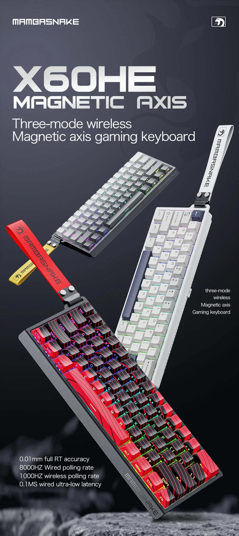 MAMBASNAKE X60HE Rapid Trigger Wireless Gaming Keyboard, 0.01mm RT Accuracy, 8000hz, Magnetic Switch, RGB, Snap Tap, DKS, TGL
