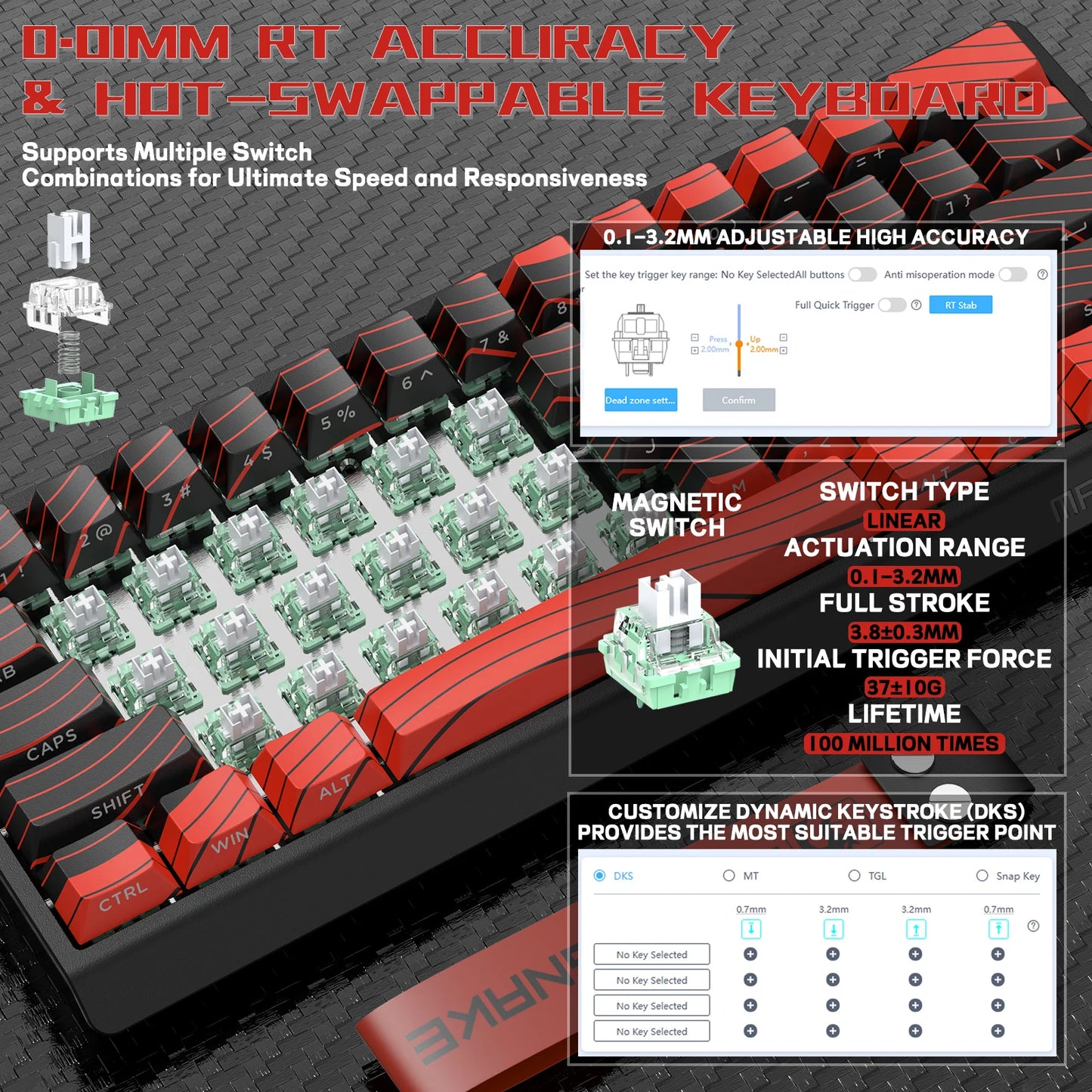 MAMBASNAKE X60HE Rapid Trigger Wireless Gaming Keyboard, 0.01mm RT Accuracy, 8000hz, Magnetic Switch, RGB, Snap Tap, DKS, TGL