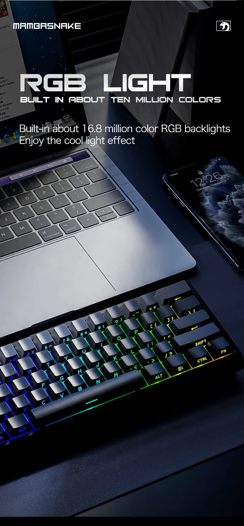 MAMBASNAKE X60HE Rapid Trigger Wireless Gaming Keyboard, 0.01mm RT Accuracy, 8000hz, Magnetic Switch, RGB, Snap Tap, DKS, TGL