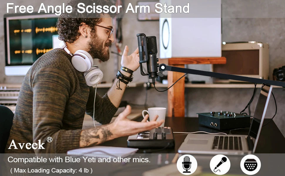 Boom Arm Mic Stand, Aveek Adjustable Desktop Metal Microphone Arm for HyperX QuadCast/Blue Yeti,Rotatable Scissor Microphone Arm