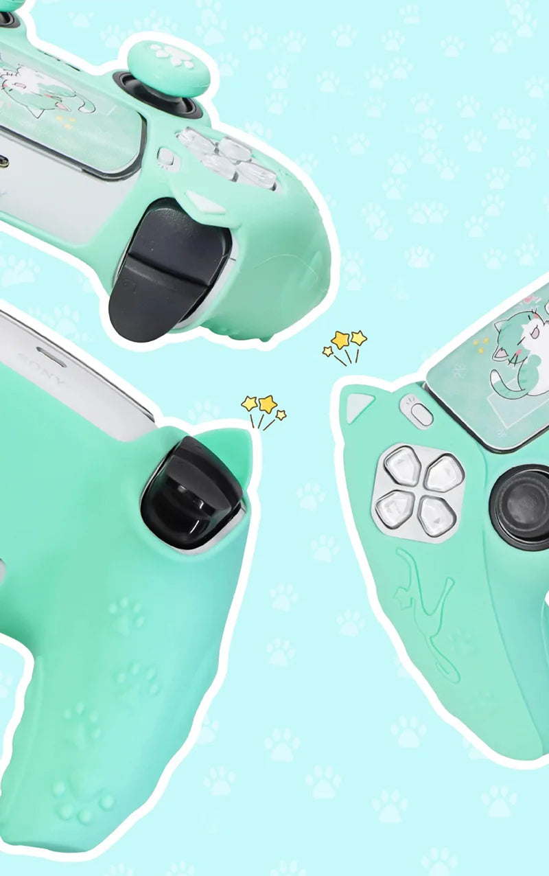 PS5 Controller Case Set Silicone Cute Cat Thumb Grip Caps + PS5 Controller Shell Cover + Stiker For SONY Playstation 5