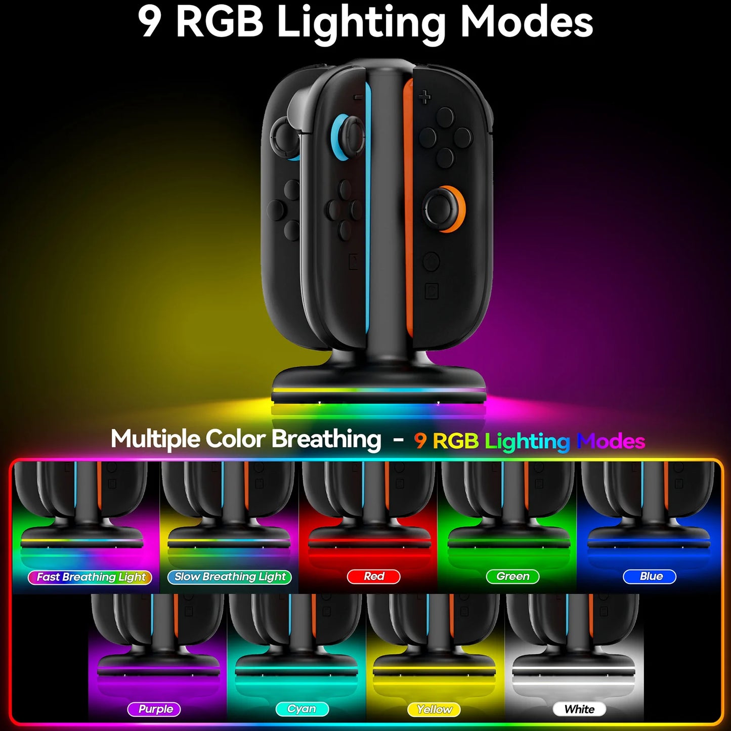 Switch 2 Controller Charger for Joy-pad 2 Charging Dock with 9 Light Modes for Switch 2 Charger Station for N-S 2 with USB Cable