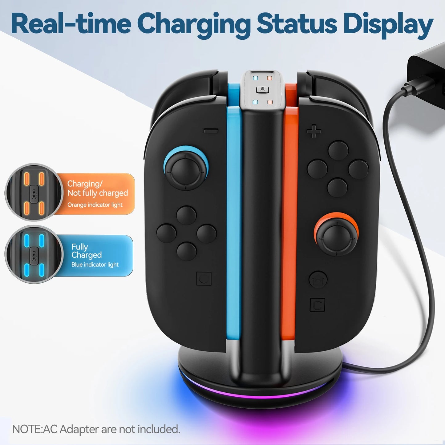 Switch 2 Controller Charger for Joy-pad 2 Charging Dock with 9 Light Modes for Switch 2 Charger Station for N-S 2 with USB Cable