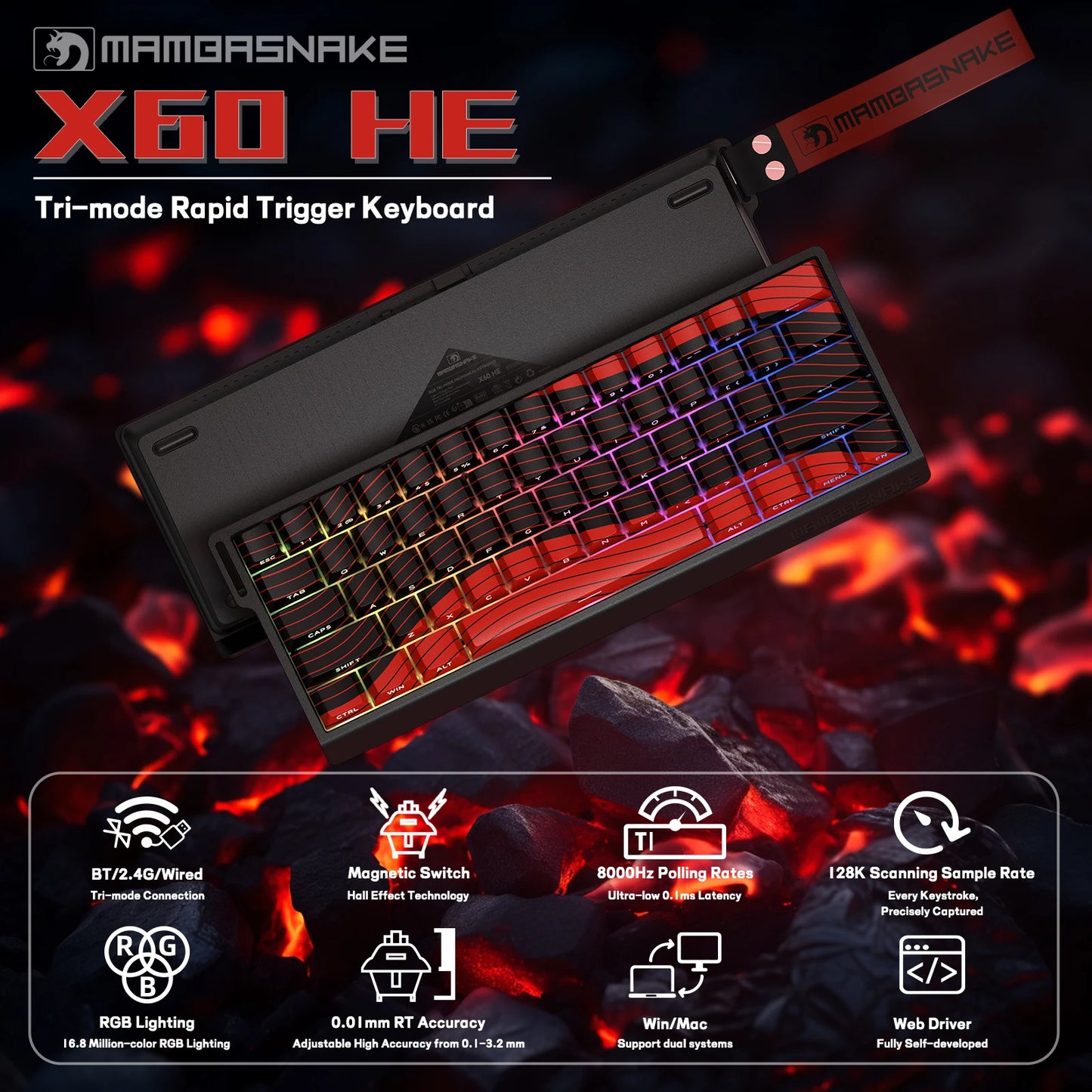 MAMBASNAKE X60HE Rapid Trigger Wireless Gaming Keyboard, 0.01mm RT Accuracy, 8000hz, Magnetic Switch, RGB, Snap Tap, DKS, TGL