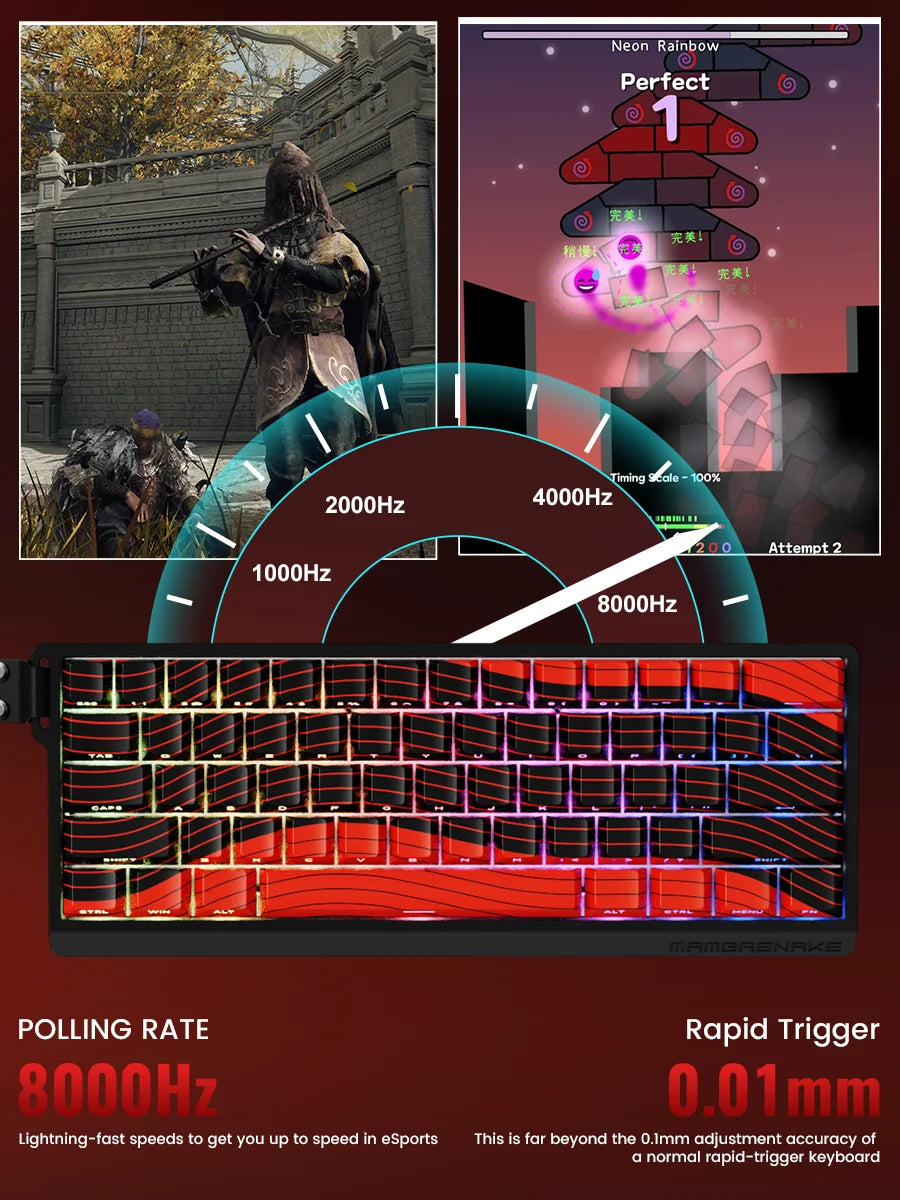 MAMBASNAKE X60HE Rapid Trigger Wireless Gaming Keyboard, 0.01mm RT Accuracy, 8000hz, Magnetic Switch, RGB, Snap Tap, DKS, TGL