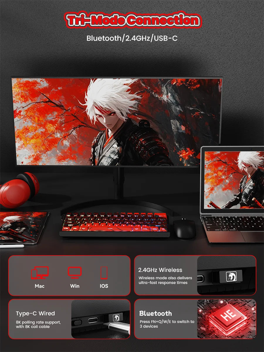 MAMBASNAKE X60HE Rapid Trigger Wireless Gaming Keyboard, 0.01mm RT Accuracy, 8000hz, Magnetic Switch, RGB, Snap Tap, DKS, TGL