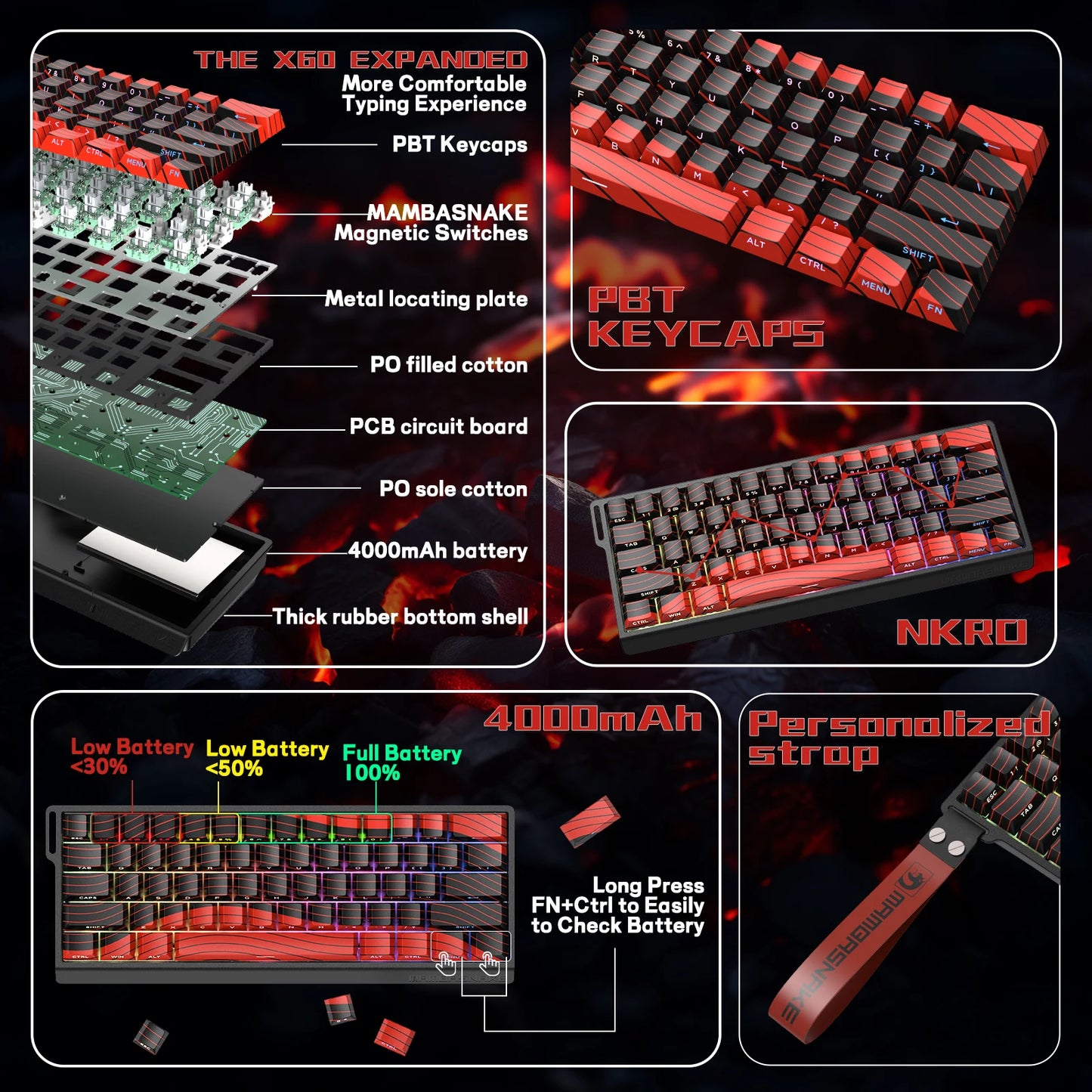 MAMBASNAKE X60HE Rapid Trigger Wireless Gaming Keyboard, 0.01mm RT Accuracy, 8000hz, Magnetic Switch, RGB, Snap Tap, DKS, TGL