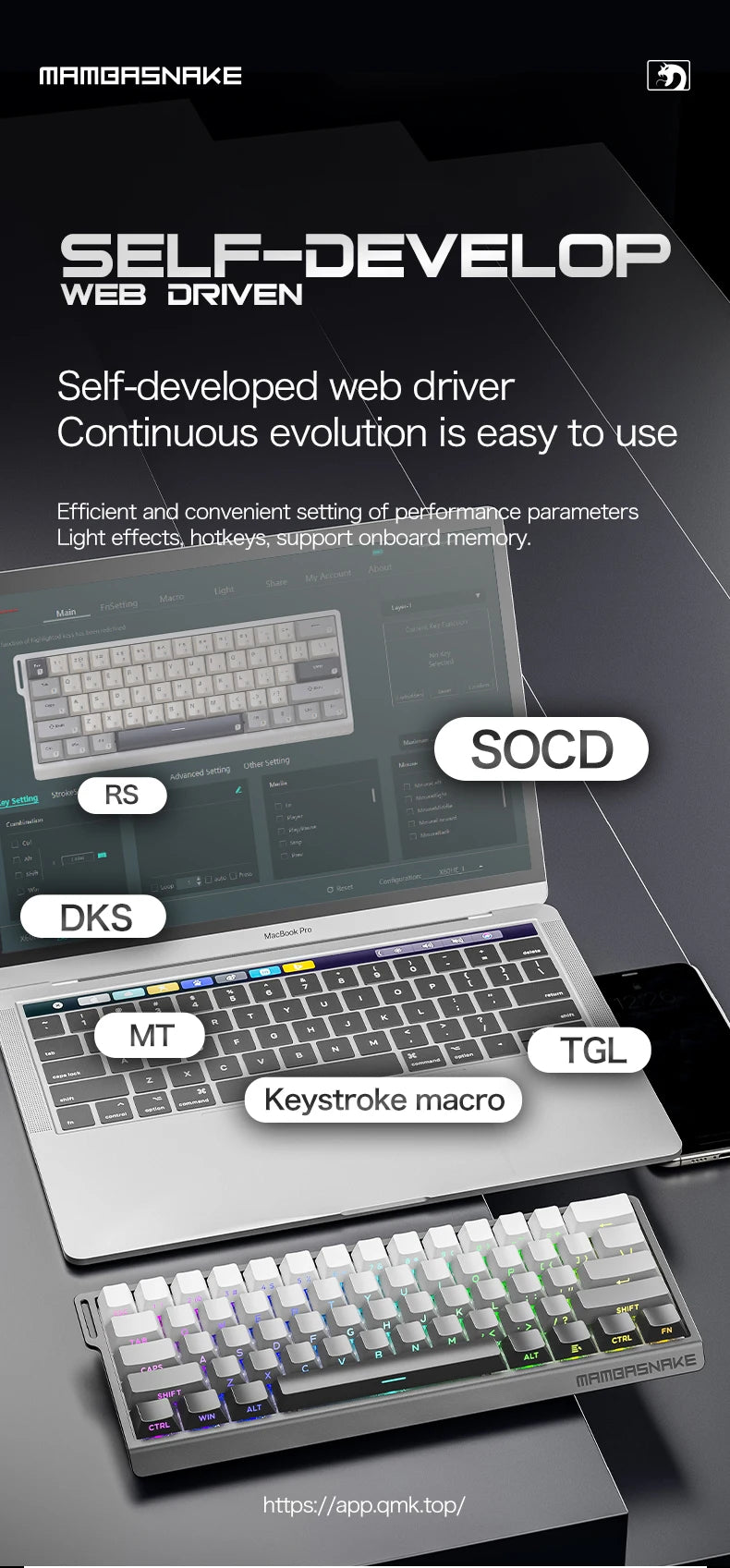 MAMBASNAKE X60HE Rapid Trigger Wireless Gaming Keyboard, 0.01mm RT Accuracy, 8000hz, Magnetic Switch, RGB, Snap Tap, DKS, TGL