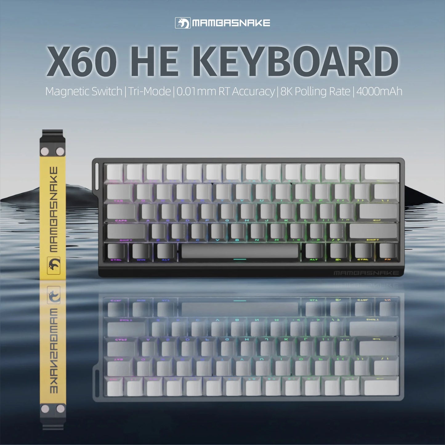 MAMBASNAKE X60HE Rapid Trigger Wireless Gaming Keyboard, 0.01mm RT Accuracy, 8000hz, Magnetic Switch, RGB, Snap Tap, DKS, TGL