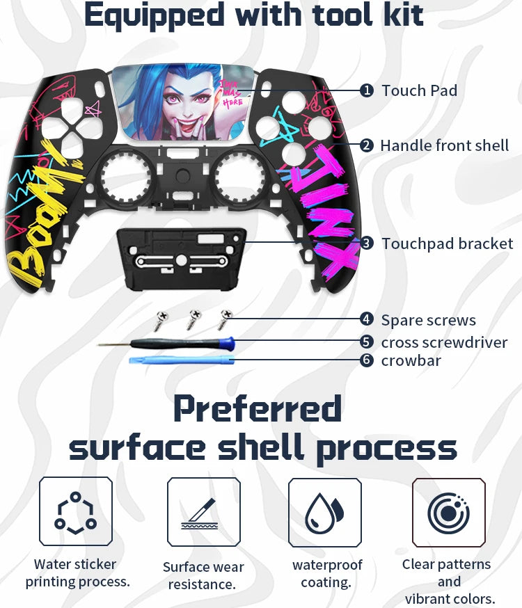 Redesigned and replaced front shell touchpad compatible with PS5 controller BDM-010, 020, 030, 040, 050-James、Jinx pattern