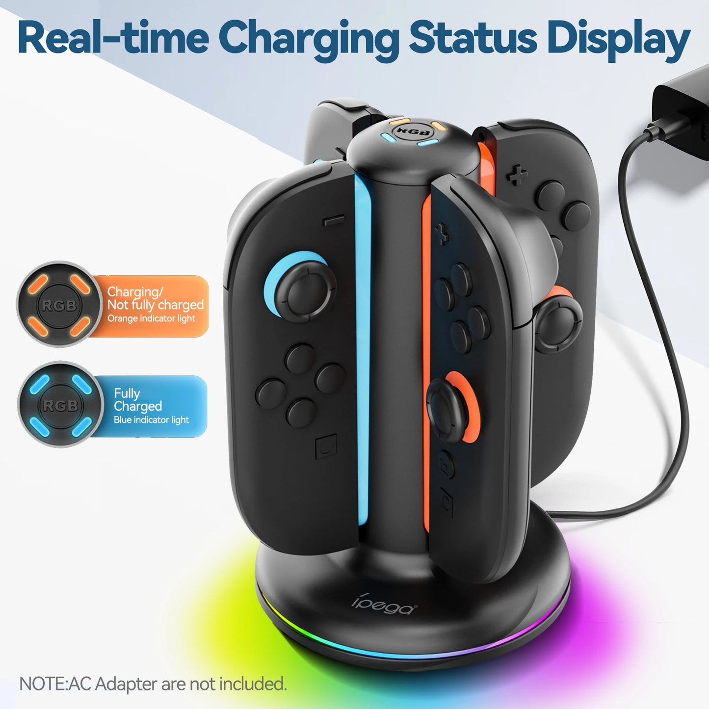 Switch 2 Controller Charger for Joy-pad 2 Charging Dock with 9 Light Modes for Switch 2 Charger Station for N-S 2 with USB Cable