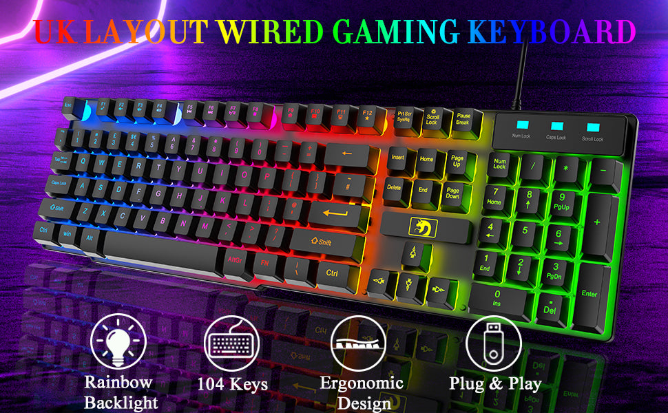 MANBASNAKE T11 Wired Gaming Keyboard and Mouse Headset Combo,Rainbow LED Backlit Wired Keyboard