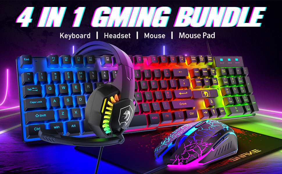MANBASNAKE T11 Wired Gaming Keyboard and Mouse Headset Combo,Rainbow LED Backlit Wired Keyboard