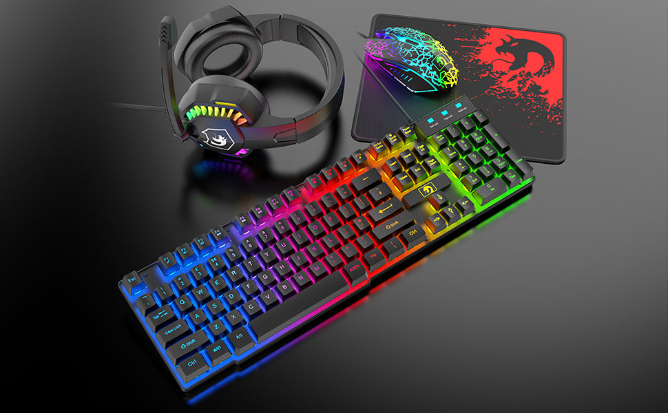 MANBASNAKE T11 Wired Gaming Keyboard and Mouse Headset Combo,Rainbow LED Backlit Wired Keyboard