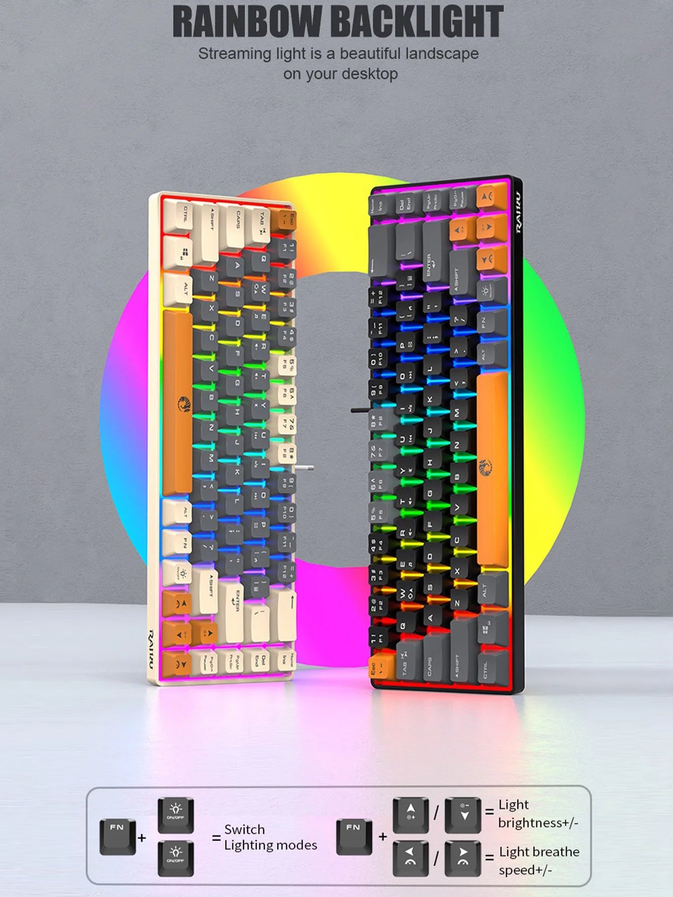Three-piece wired gaming keyboard, rainbow backlight, multimedia function, mechanical feel, suitable for office and gaming