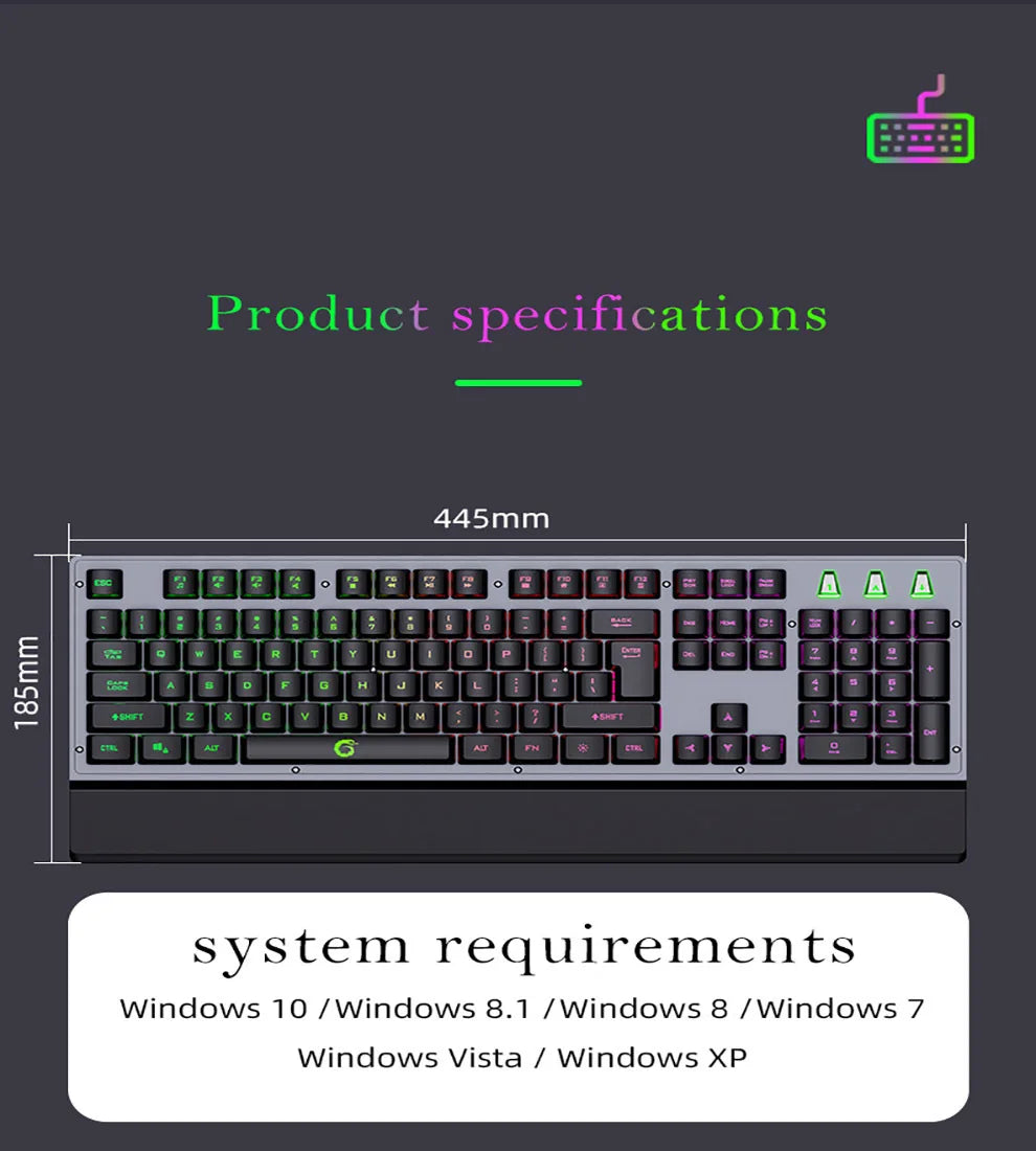 Mechanical Wired Gaming Keyboard and Wrist Rest Rainbow LED Backlit,Ergonomic Full Size Quiet Silent USB Keyboard for Computer