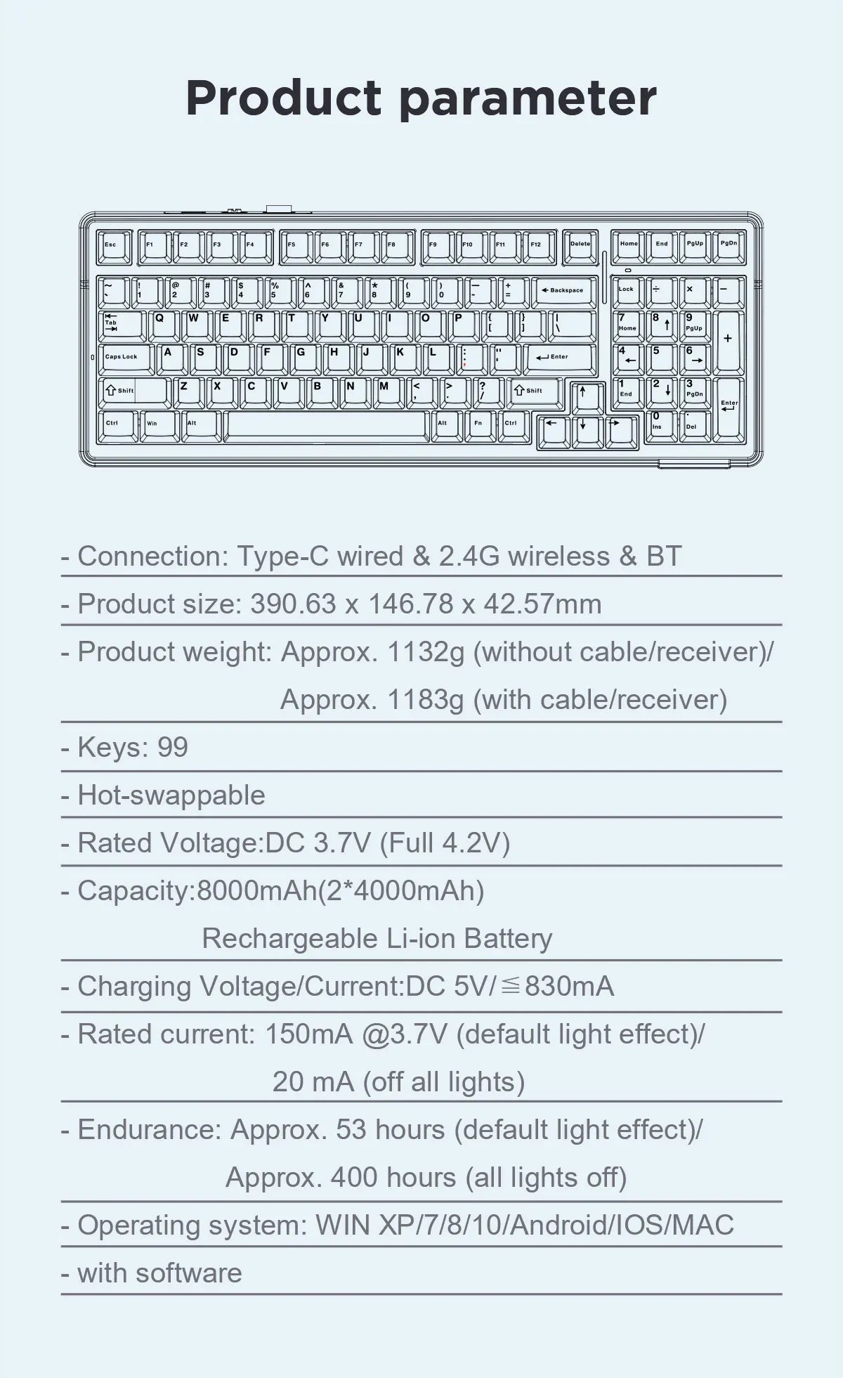 AULA F99 Machanical Keyboard Bluetooth 5.0/2.4G Wireless/Wired Gasket-mounted Gaming Keyboard 99 Keys Customizable Keyboards