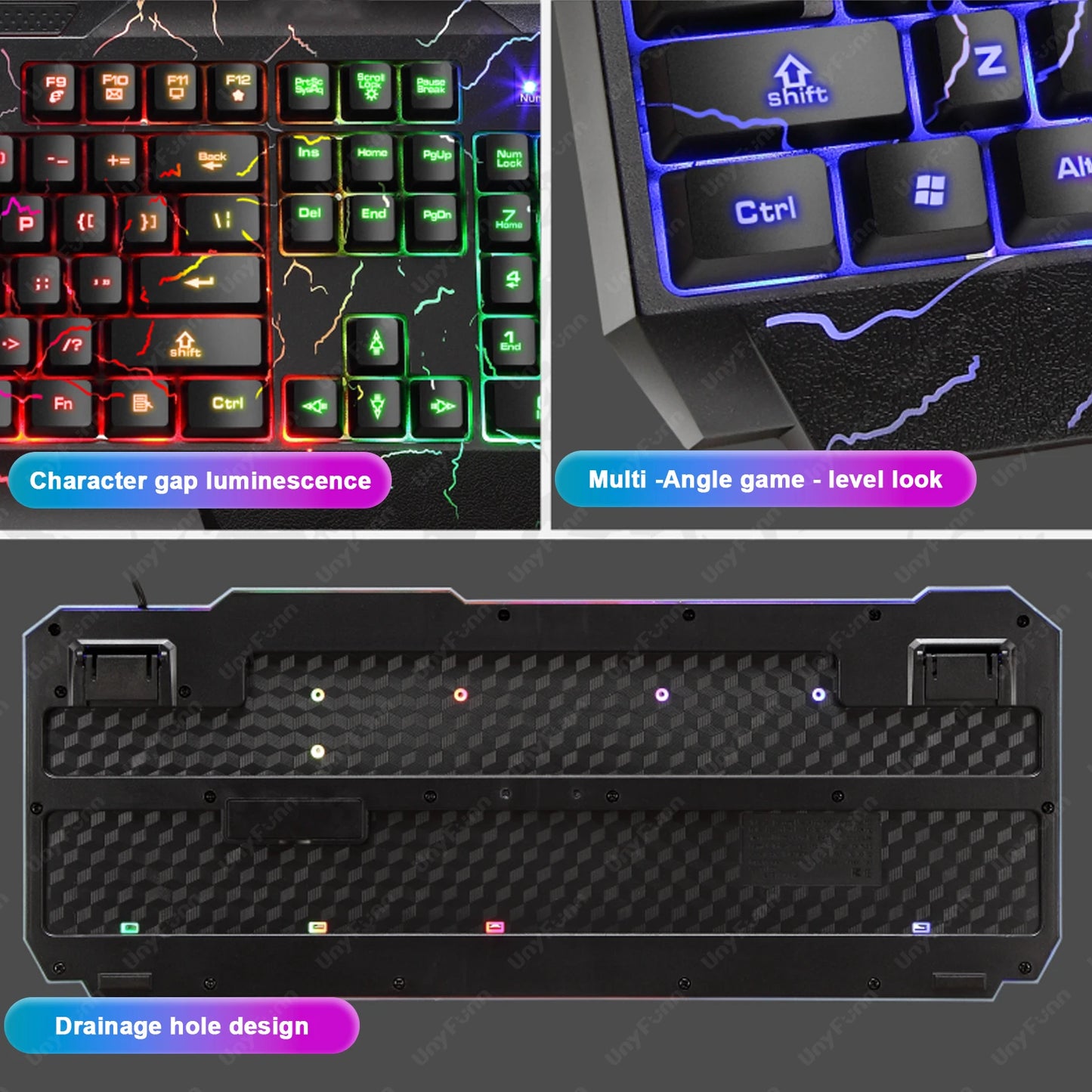 Ergonomic Gaming Keyboard& Mouse Set with Crack Rainbow Glow Backlight Gaming Peripheral Membranes Feel Luminous Keyboard Mouse