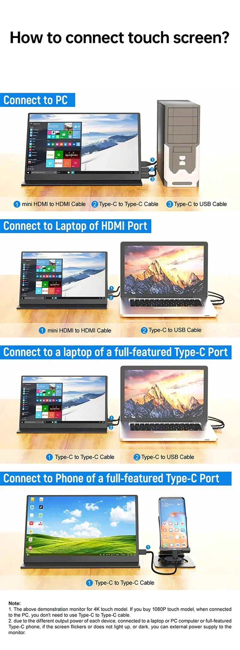 15.6 Inch 4K AMOLED Touch Screen Portable Monitor 3840*2160P 400Nit HDR 100000:1 1MS Gaming Display For PC Laptop Phone PS5 Xbox