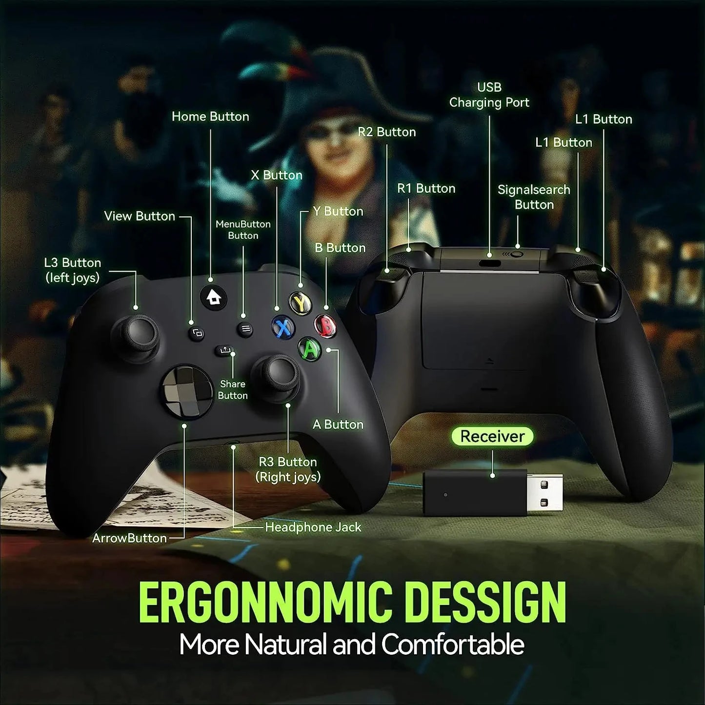 2025 New Wireless Controller Compatible with Xbox One, Xbox Series X/S, Xbox One X/S, PC with 2.4GHz Wireless Adapter Gamepad