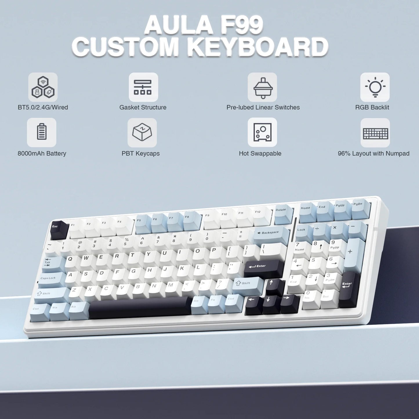 AULA F99 Machanical Keyboard Bluetooth 5.0/2.4G Wireless/Wired Gasket-mounted Gaming Keyboard 99 Keys Customizable Keyboards