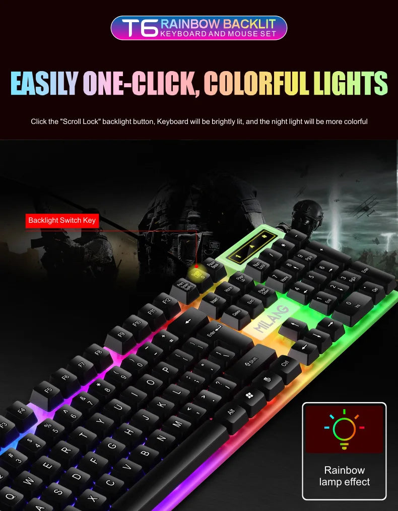 Rainbow Backlit Wired Keyboard and Mouse,Floating Keycap Strong, Wear-resistant,  Comfortable Feel Keyboard for Business Office