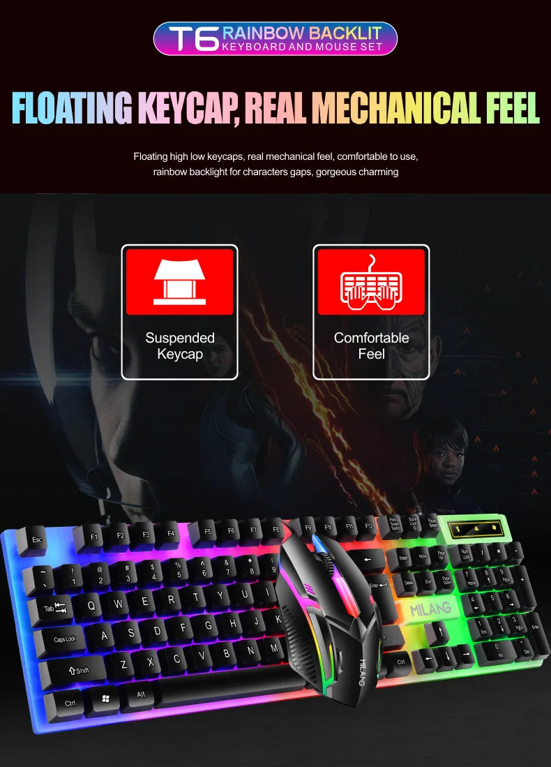 Rainbow Backlit Wired Keyboard and Mouse,Floating Keycap Strong, Wear-resistant,  Comfortable Feel Keyboard for Business Office