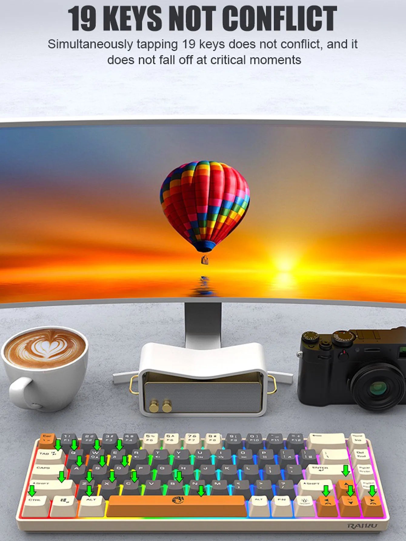 Three-piece wired gaming keyboard, rainbow backlight, multimedia function, mechanical feel, suitable for office and gaming