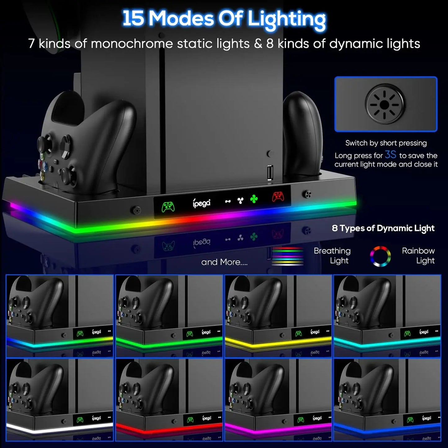 Cooling Fan Stand&Charging Station for Xbox Series X Console&Controller with 15RGB Color Light,Storage with 3-Levels Fan System