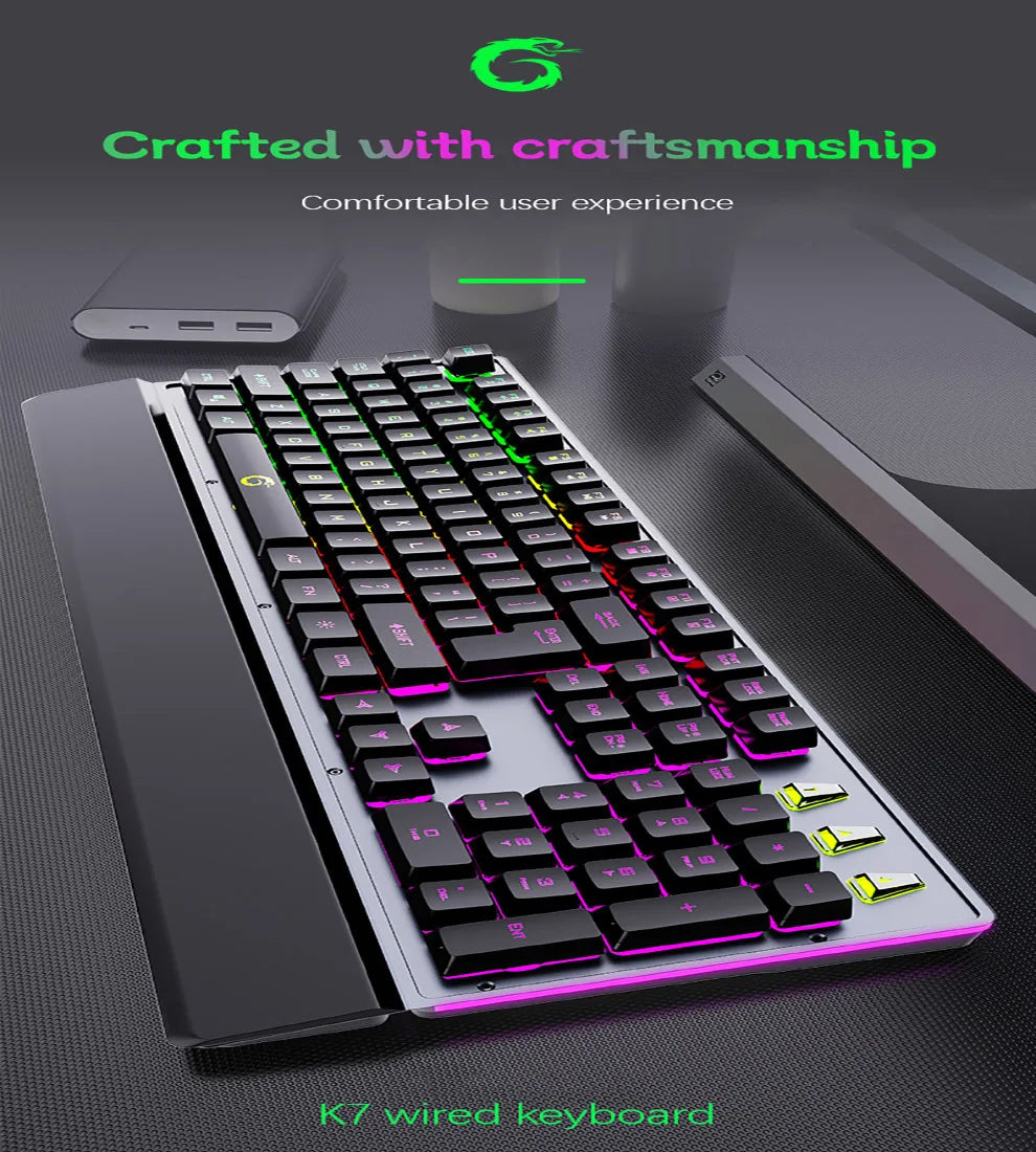 Mechanical Wired Gaming Keyboard and Wrist Rest Rainbow LED Backlit,Ergonomic Full Size Quiet Silent USB Keyboard for Computer