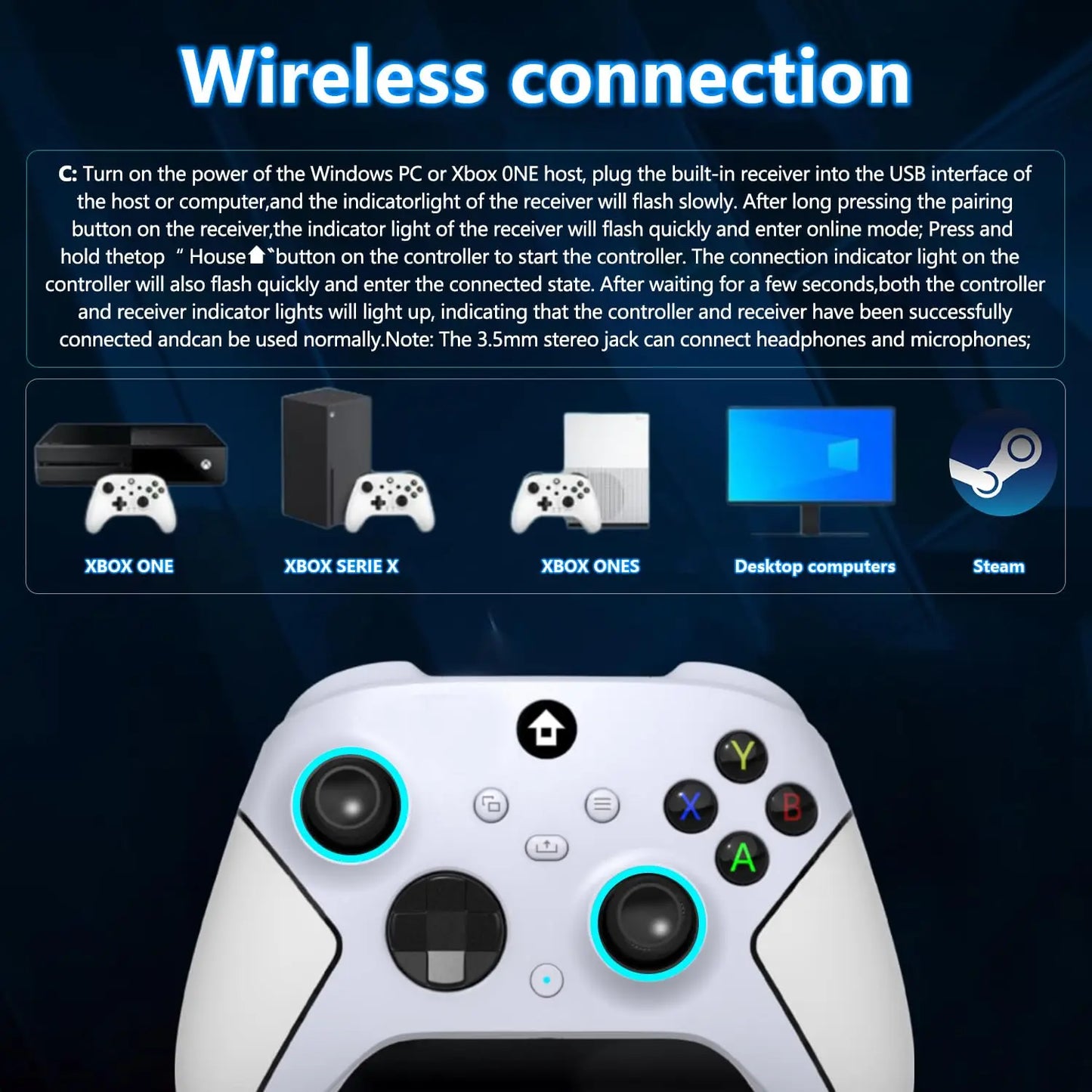 Upgraded 7 Colors RGB Wireless Controller XB023 for XBOX,Steam,Windows with Dual Vibration ,AUTO TURBO Function&Programmable