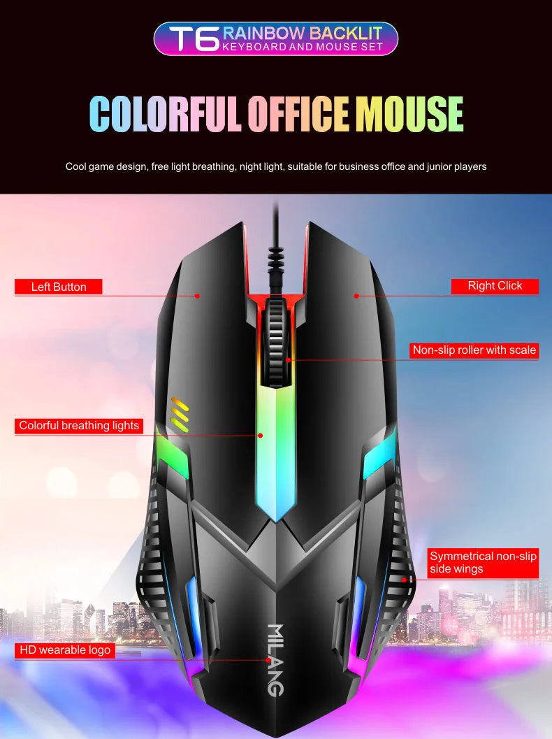 Rainbow Backlit Wired Keyboard and Mouse,Floating Keycap Strong, Wear-resistant,  Comfortable Feel Keyboard for Business Office