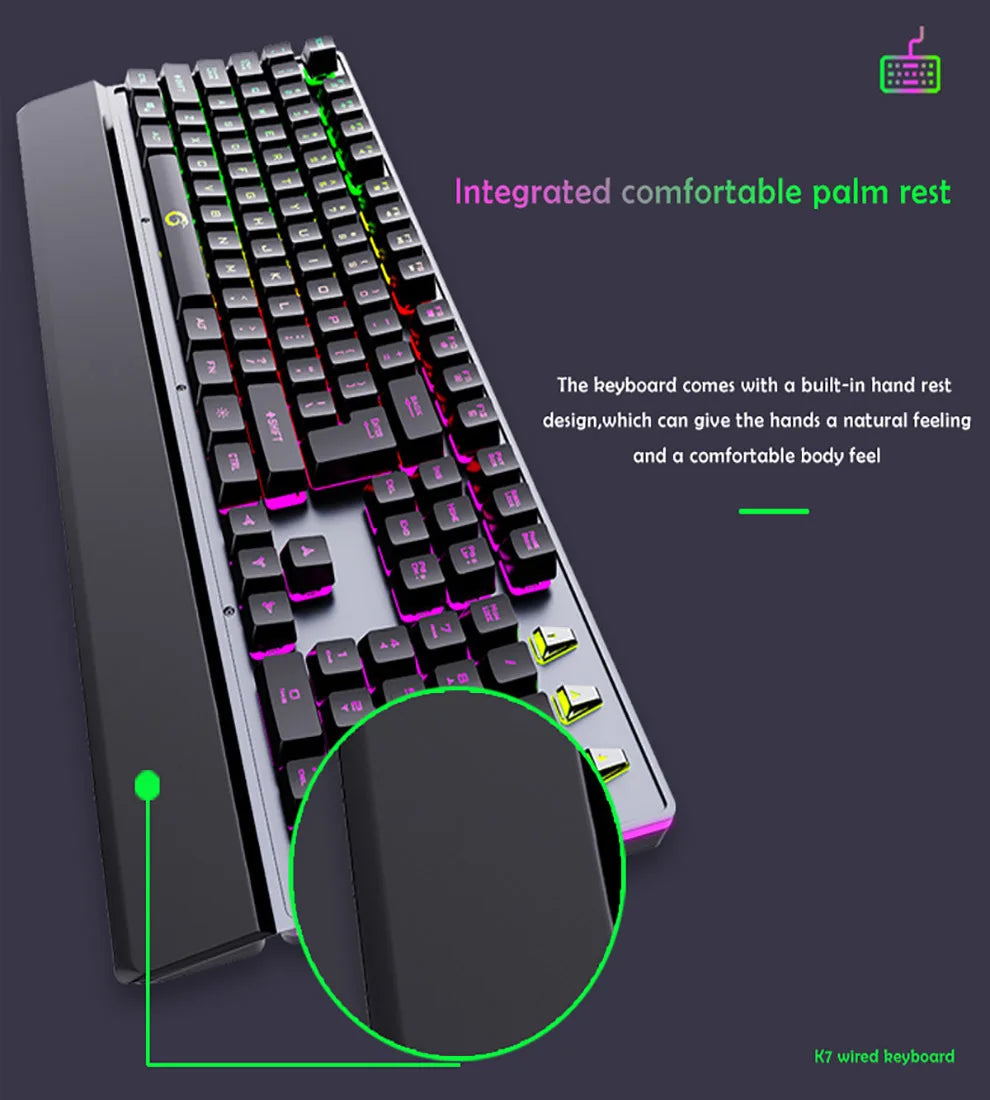 Mechanical Wired Gaming Keyboard and Wrist Rest Rainbow LED Backlit,Ergonomic Full Size Quiet Silent USB Keyboard for Computer