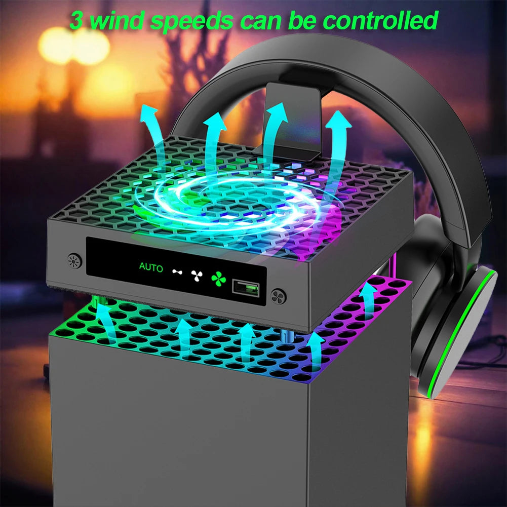 RGB Cooling Fan with Adjustable Speed for Xbox Series X Console Featuring Headset Holders and USB Port