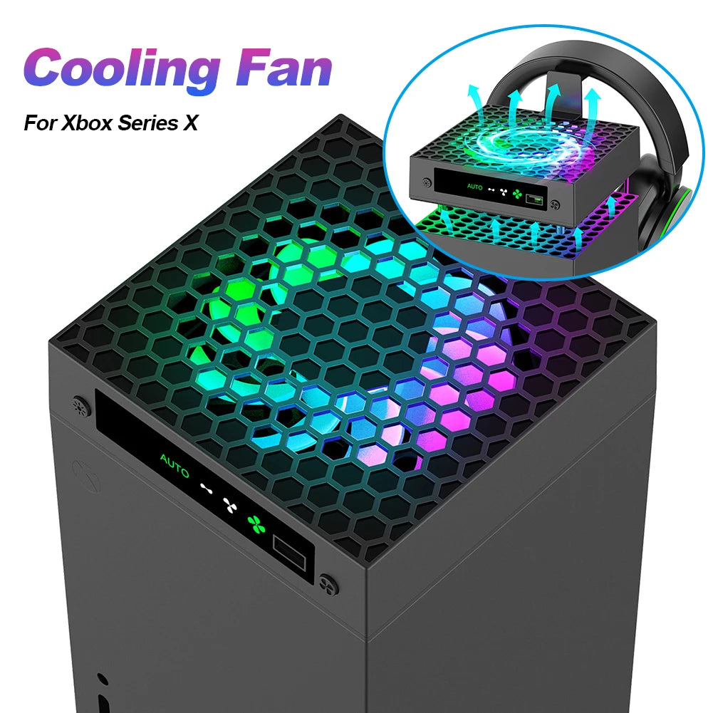 RGB Cooling Fan with Adjustable Speed for Xbox Series X Console Featuring Headset Holders and USB Port