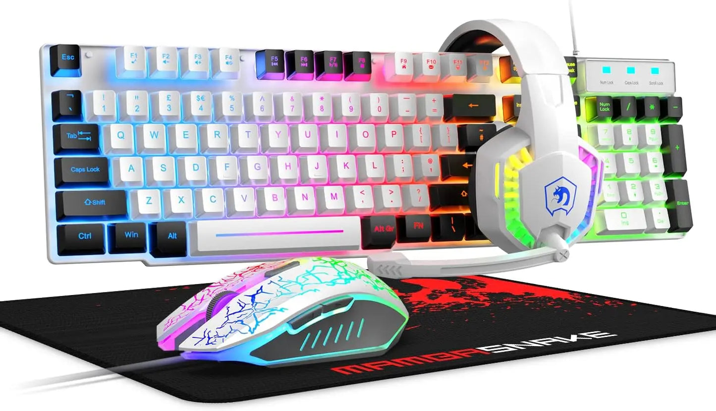 MANBASNAKE T11 Wired Gaming Keyboard and Mouse Headset Combo,Rainbow LED Backlit Wired Keyboard
