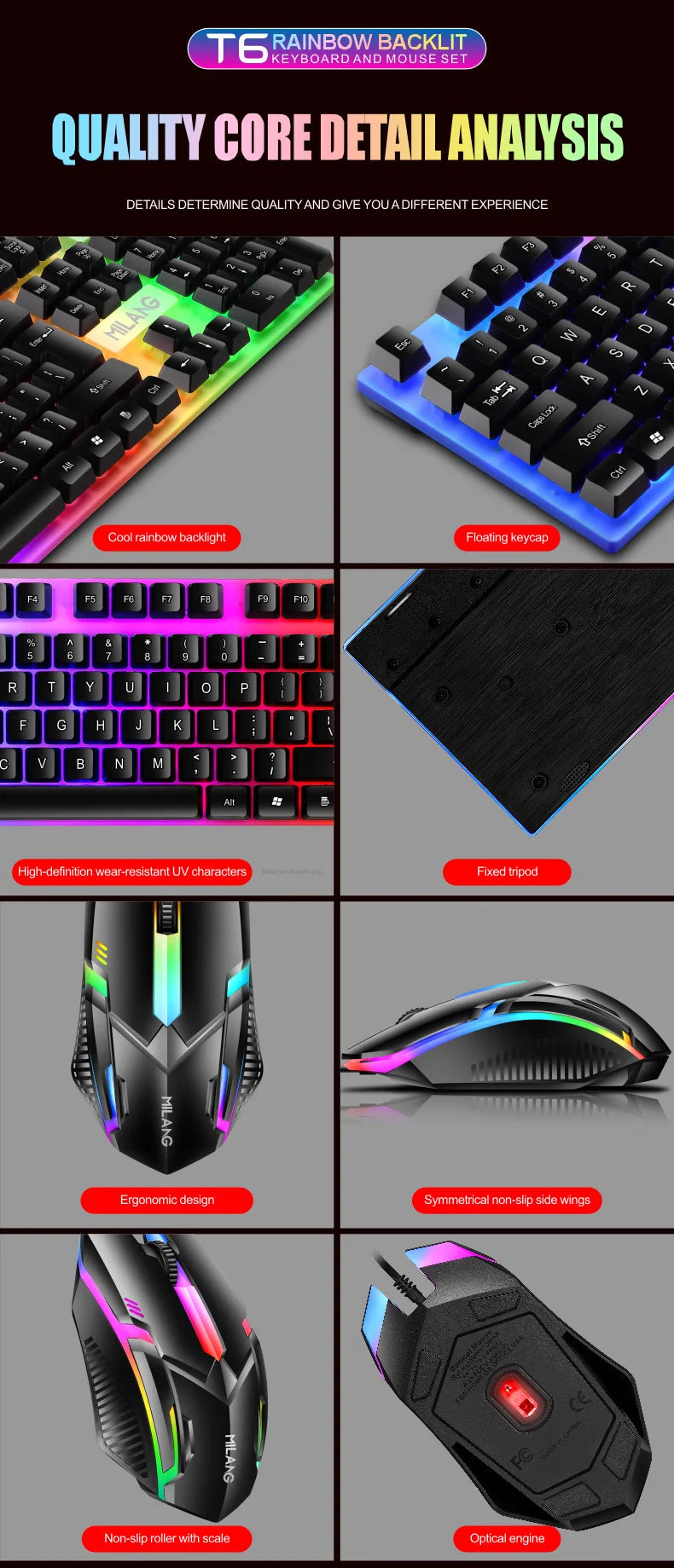 Rainbow Backlit Wired Keyboard and Mouse,Floating Keycap Strong, Wear-resistant,  Comfortable Feel Keyboard for Business Office