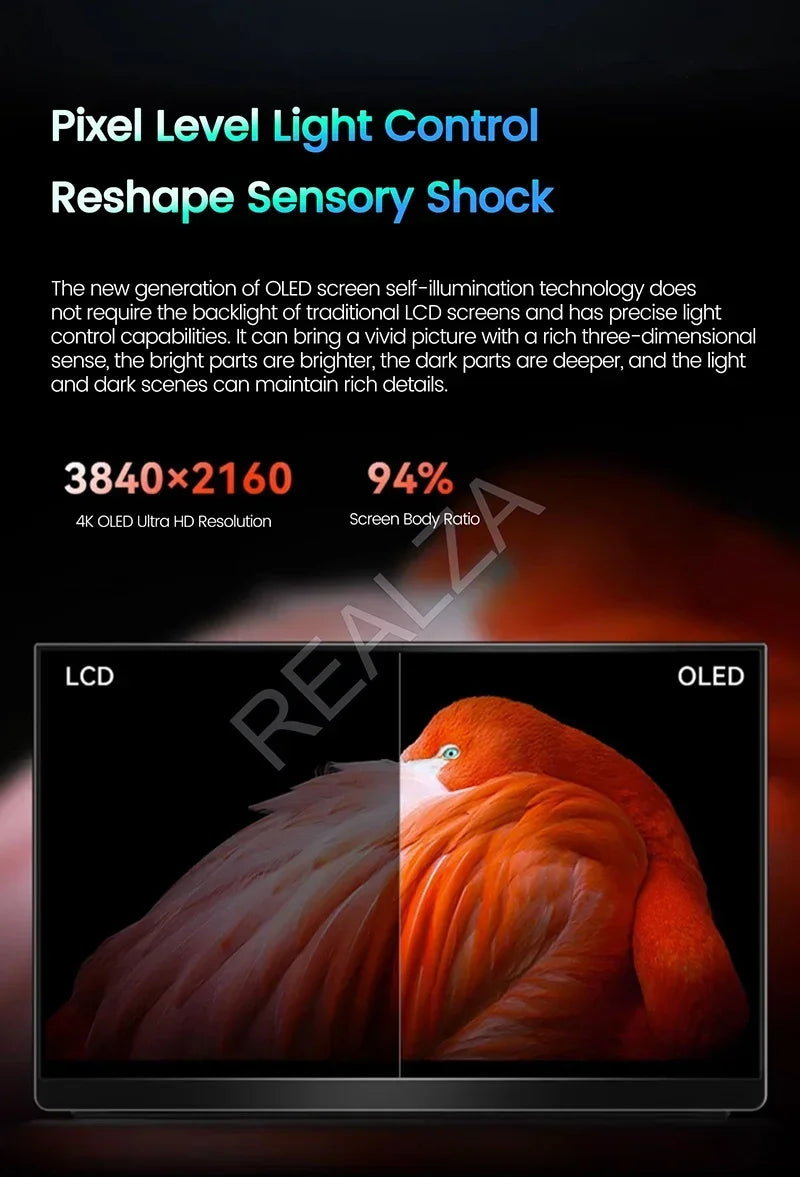 15.6 Inch 4K AMOLED Touch Screen Portable Monitor 3840*2160P 400Nit HDR 100000:1 1MS Gaming Display For PC Laptop Phone PS5 Xbox