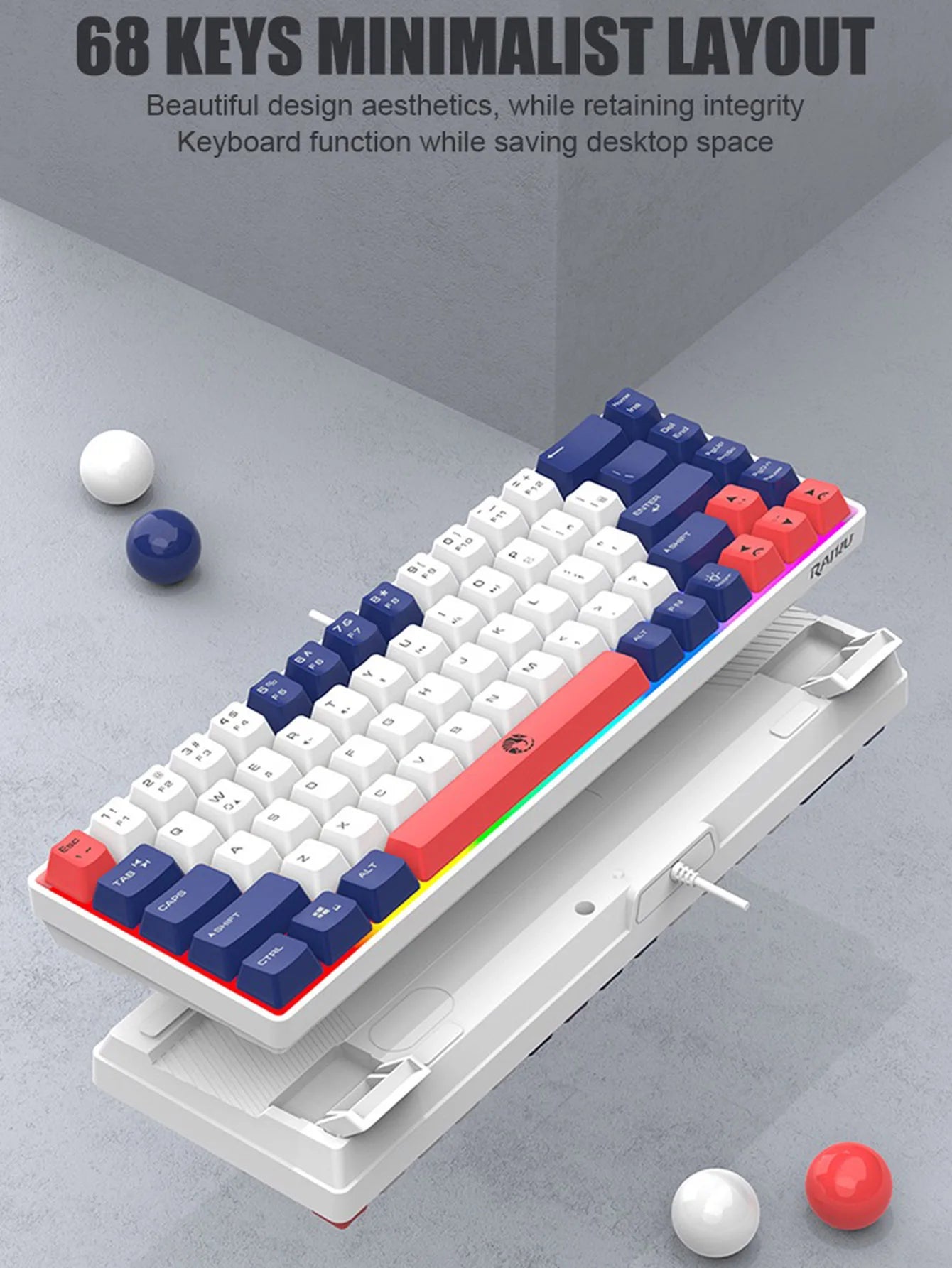 Three-piece wired gaming keyboard, rainbow backlight, multimedia function, mechanical feel, suitable for office and gaming